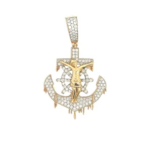 10K GOLD DIAMOND DRIPPING ANCHOR CRUCIFEX PENDANT 1.45CT