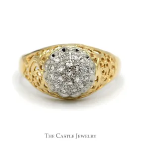 1/2cttw Diamond Kentucky Cluster Ring with Open Filigree Sides in 10k Yellow Gold