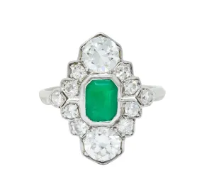 1930 Art Deco 1.80 CTW Emerald Diamond Platinum Dinner Ring