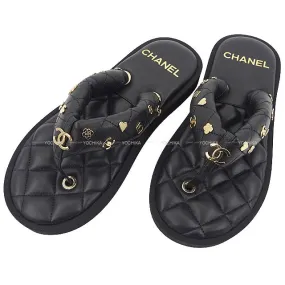 2023 pret-a-porter CHANEL sandals COCO mark Icon Logo Tong Sandals Noir (Black) Lambskin #37 Champagne Gold HW G39860[EXCELLENT][Authentic]