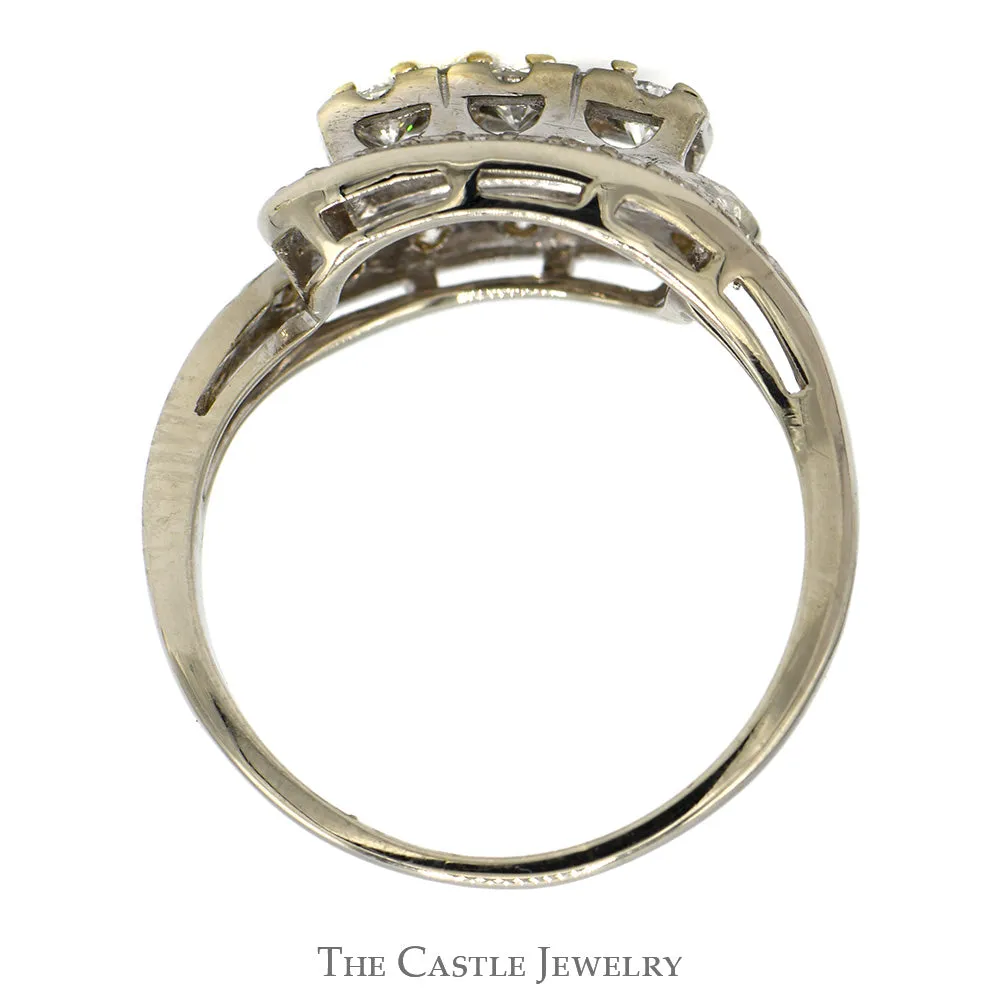 Antique Style 1/2cttw Three Stone Diamond Ring with Diamond Accents in 14k White Gold Bypass Design