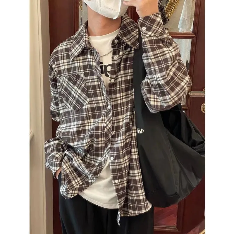 Bonsir 90s streetwear Spring and Autumn Japanese Style Black and White Plaid Long-Sleeved Shirt Men's Niche Retro Hong Kong Style Loose Shirt All-Matching Coat