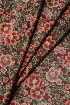 Brown And Olive Floral Digital Print On Dark Brown Crepe Fabric