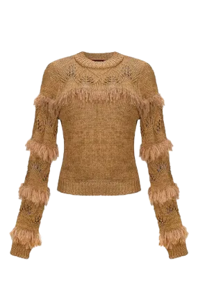 Brown Ruffled Silk-Blend Knit Cardigan