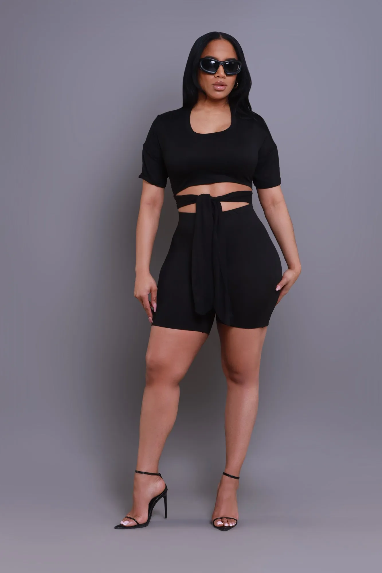 Bye Bye Cropped Long Cut Shorts Set - Black