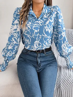 Casual Lantern Sleeve Floral Print Button Front Blouse