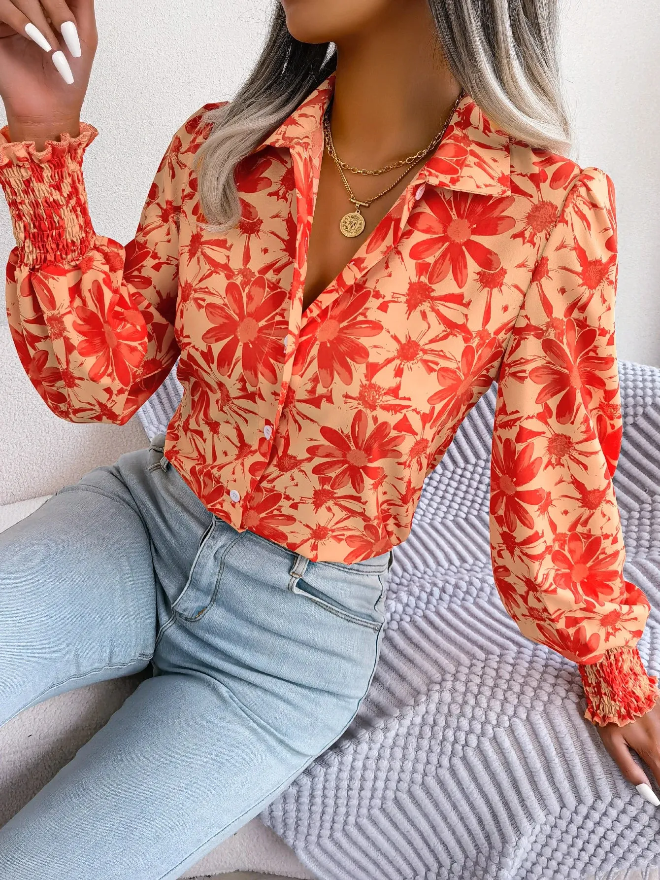 Casual Lapel Button Long Sleeve Flower Print Women's Blouse