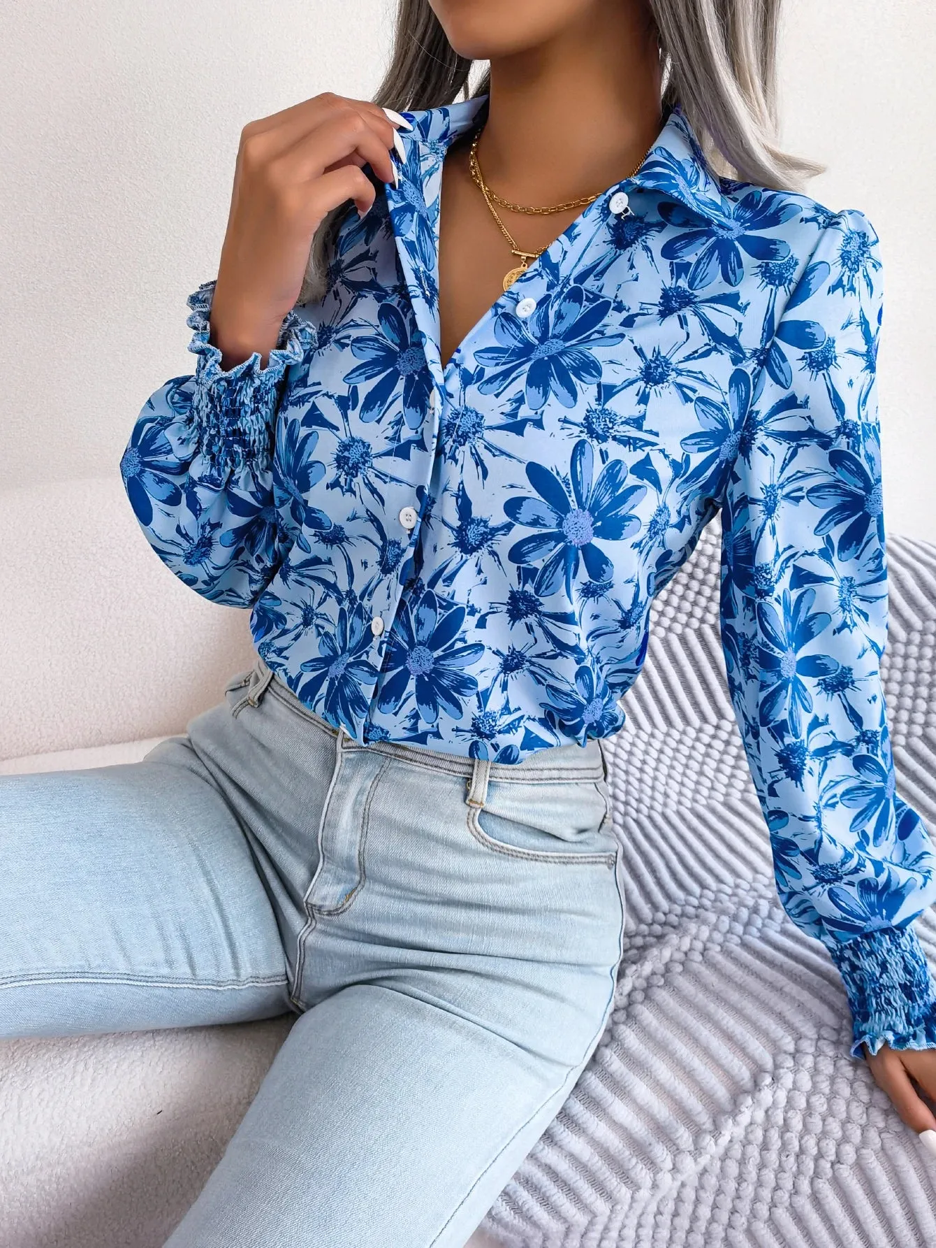 Casual Lapel Button Long Sleeve Flower Print Women's Blouse