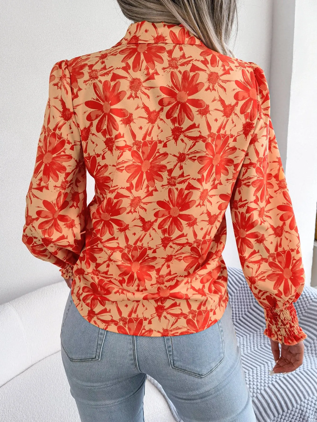 Casual Lapel Button Long Sleeve Flower Print Women's Blouse