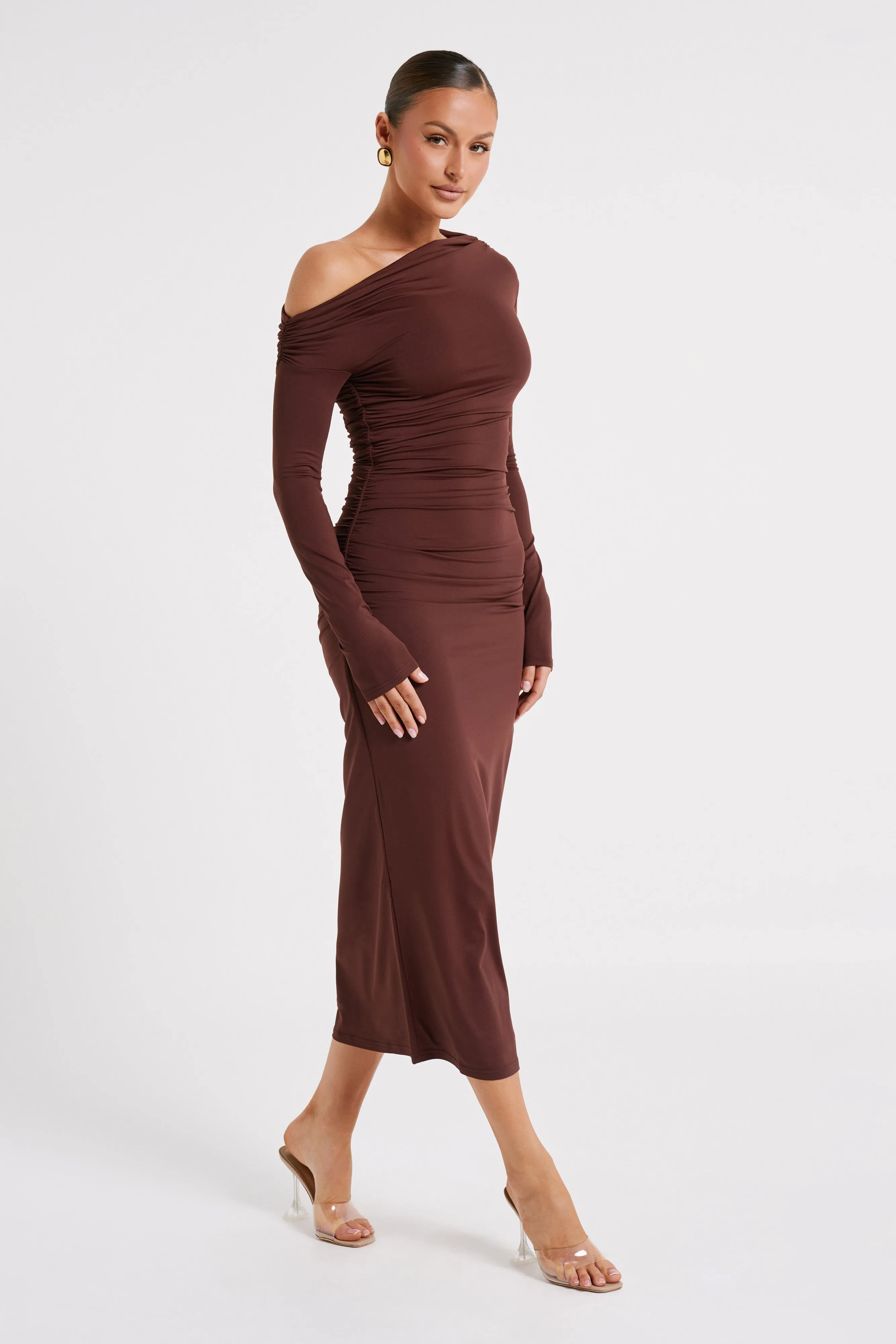 Christabel Recycled Nylon Ruched Midi Dress - Chocolate