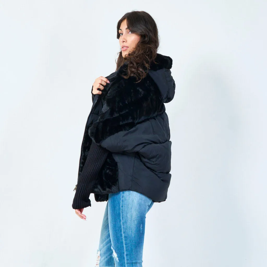 Cozy faux fur panel jacket with hoodie wholesale