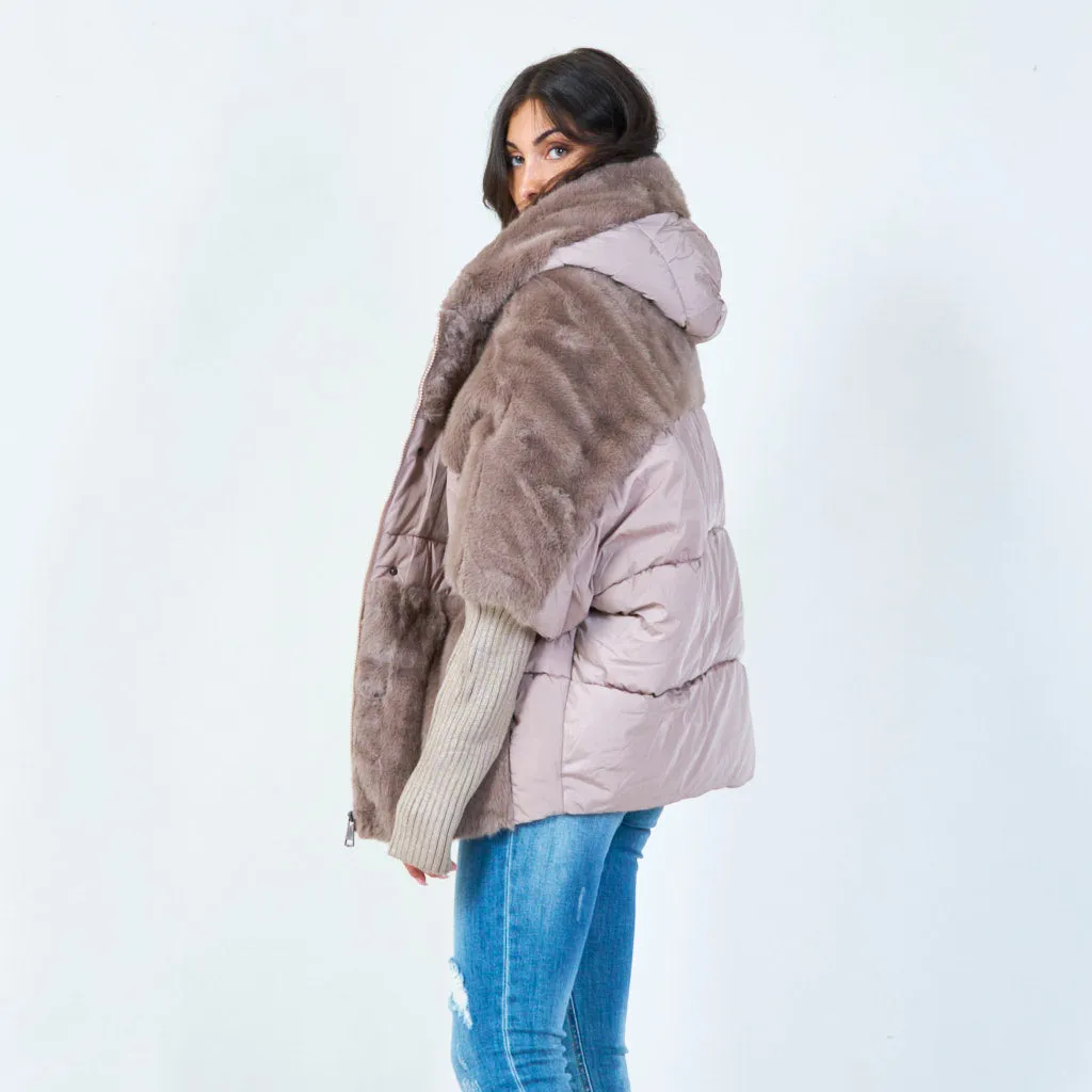 Cozy faux fur panel jacket with hoodie wholesale