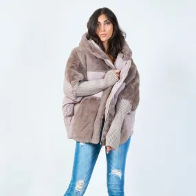 Cozy faux fur panel jacket with hoodie wholesale