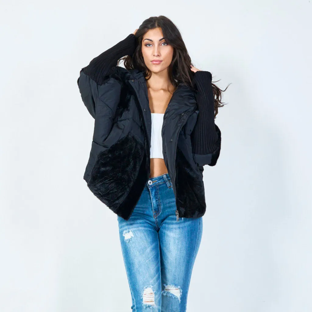 Cozy faux fur panel jacket with hoodie wholesale