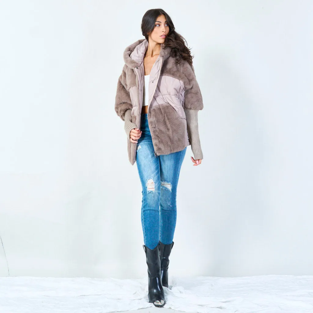 Cozy faux fur panel jacket with hoodie wholesale