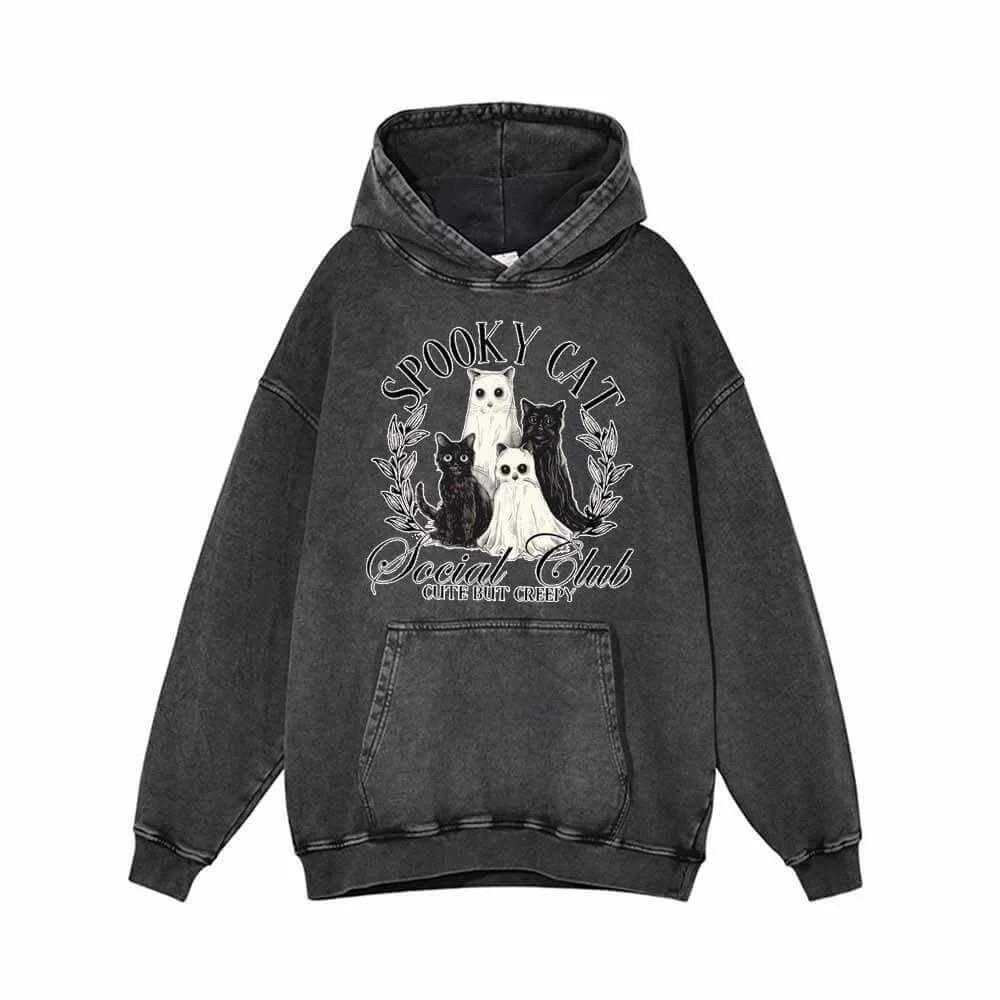 Creepy Spooky Cat Vintage Washed Hoodie Sweatshirt