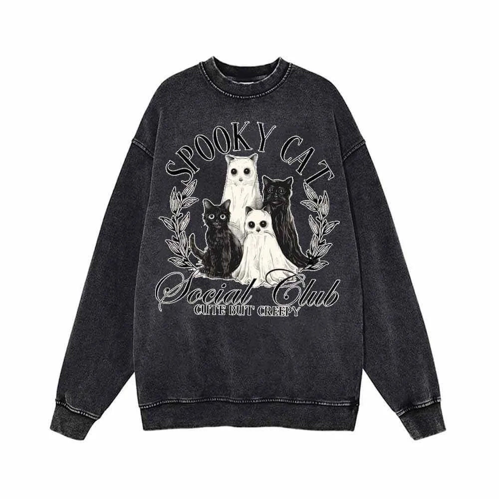 Creepy Spooky Cat Vintage Washed Hoodie Sweatshirt