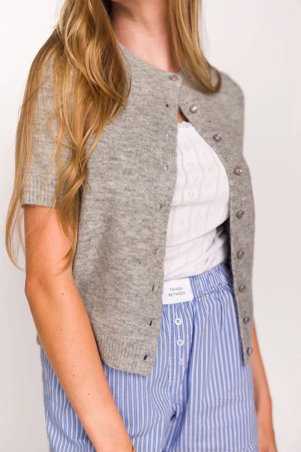 Effie Short Sleeve Button Cardigan in Heather Grey - Nursing Friendly