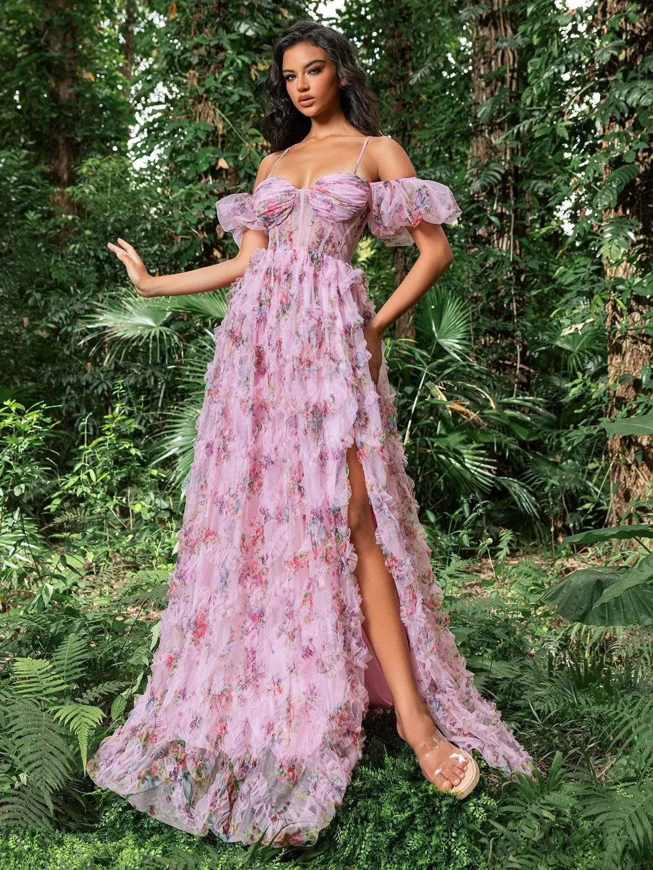 Floral Tulle Off Shoulder Cascading Ruffle Hem Slip Prom Dress