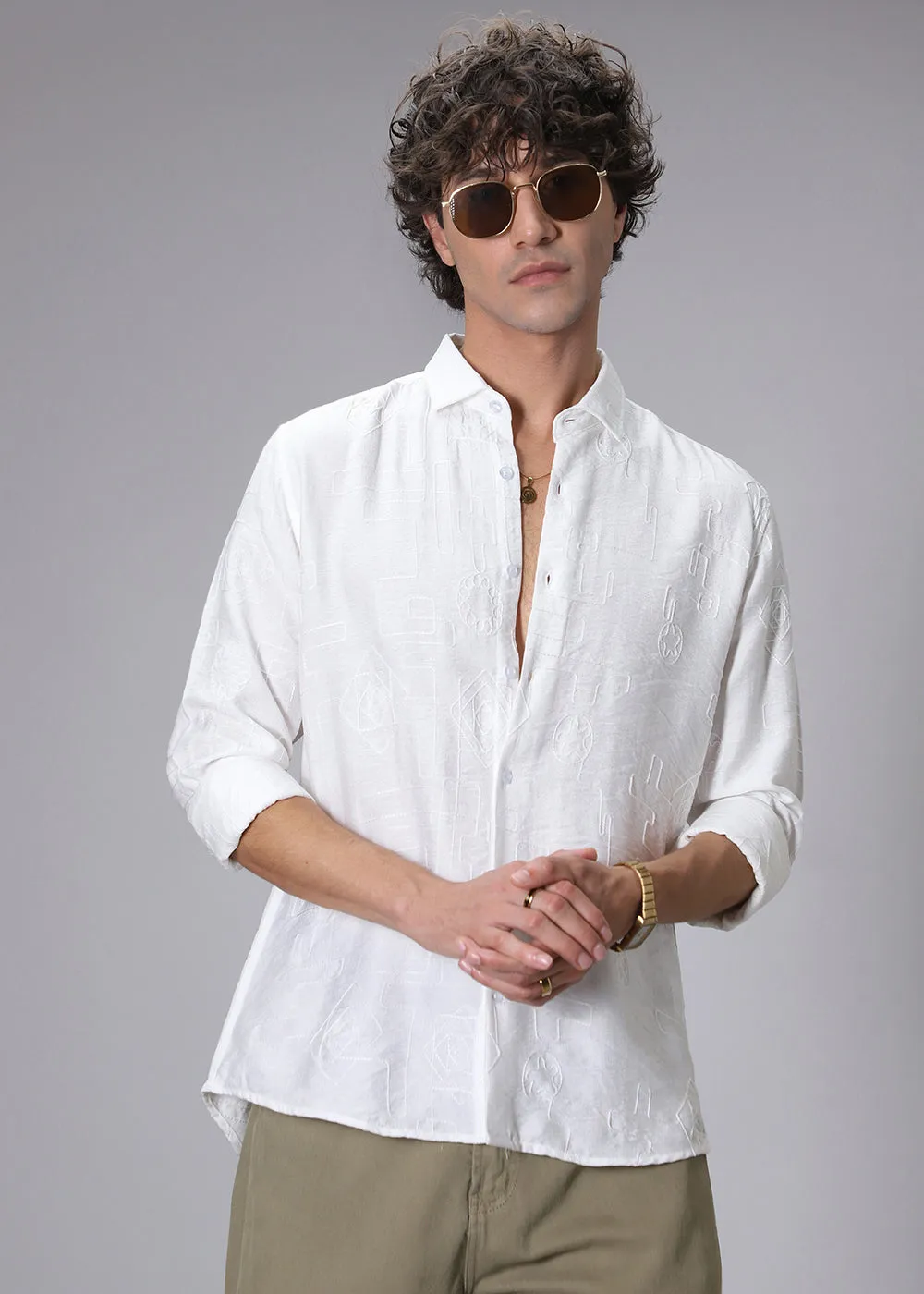 Frost White illusion Embroidery Shirt