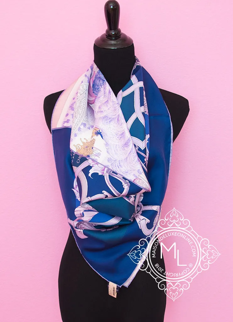 Hermes "Plumets du Roy" Purple Twill Silk 90 cm Scarf