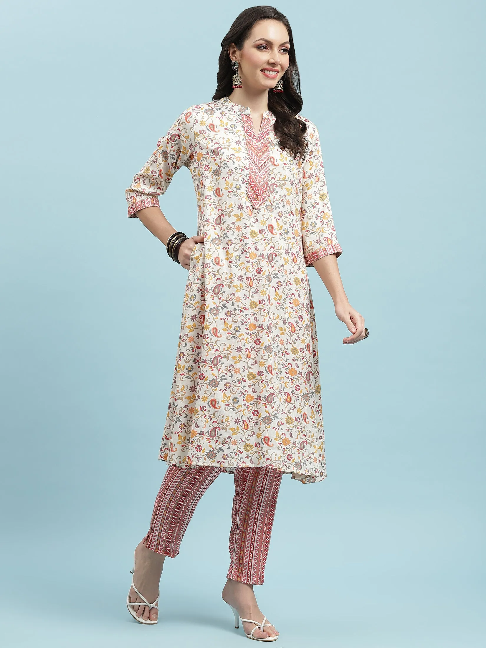 Indiessence Pink Floral Printed Kurta Trouser With Dupatta