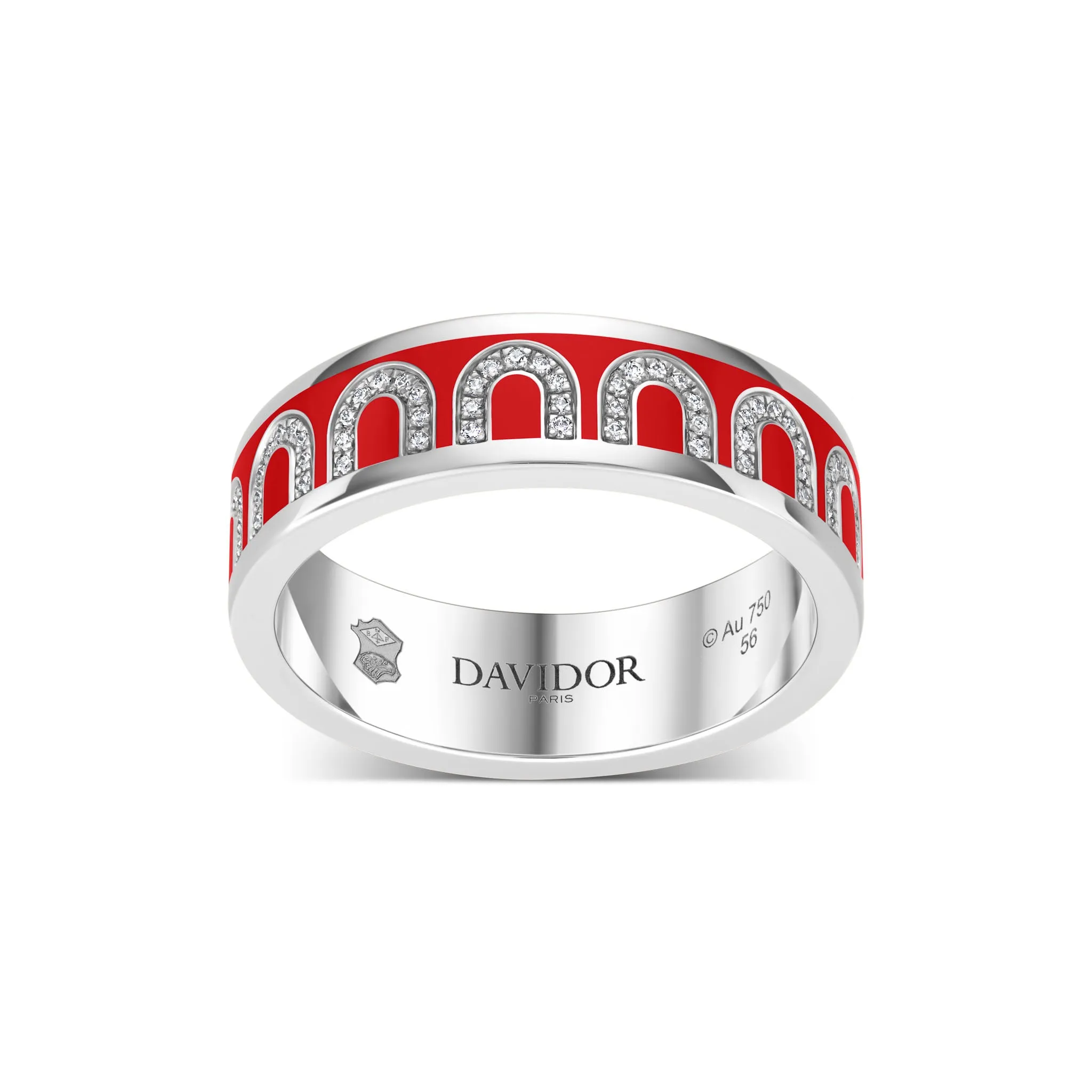 L'Arc de DAVIDOR Ring MM, 18k White Gold with Fraise Lacquered Ceramic and Arcade Diamonds