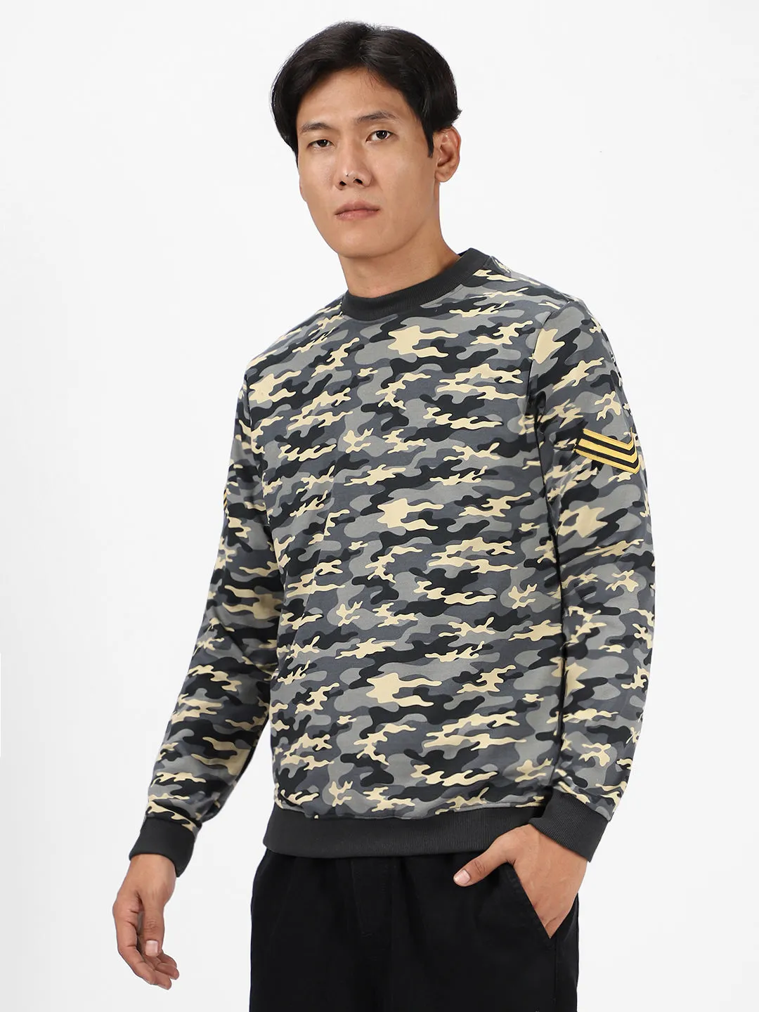 Men's Grey Cotton Camouflage Printed Round Neck Sweatshirt