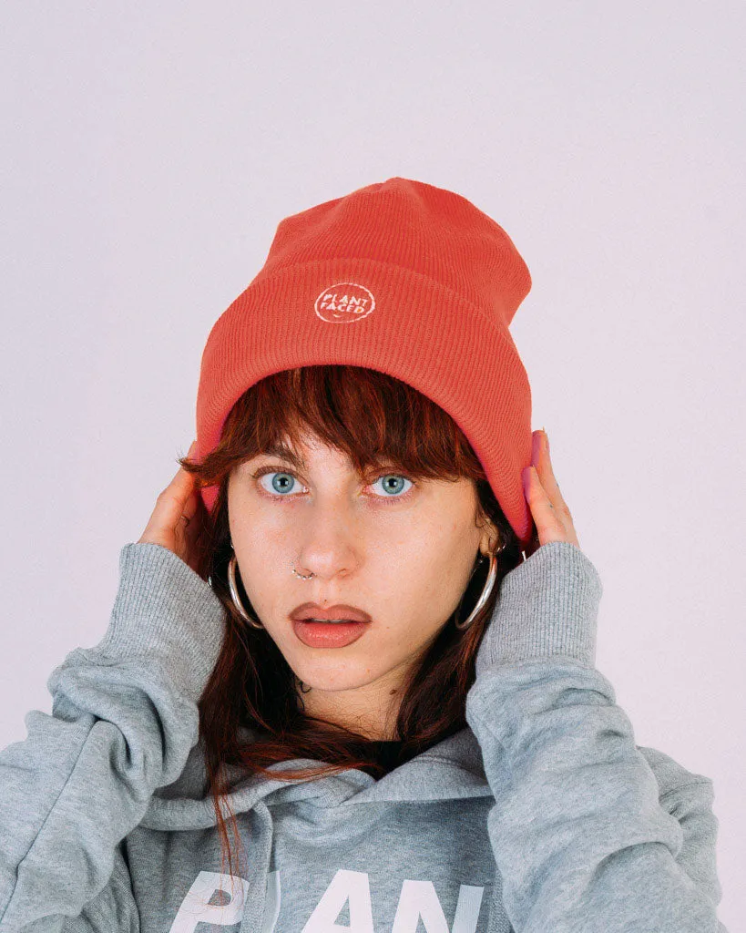 Plant Faced Beanie - Coral