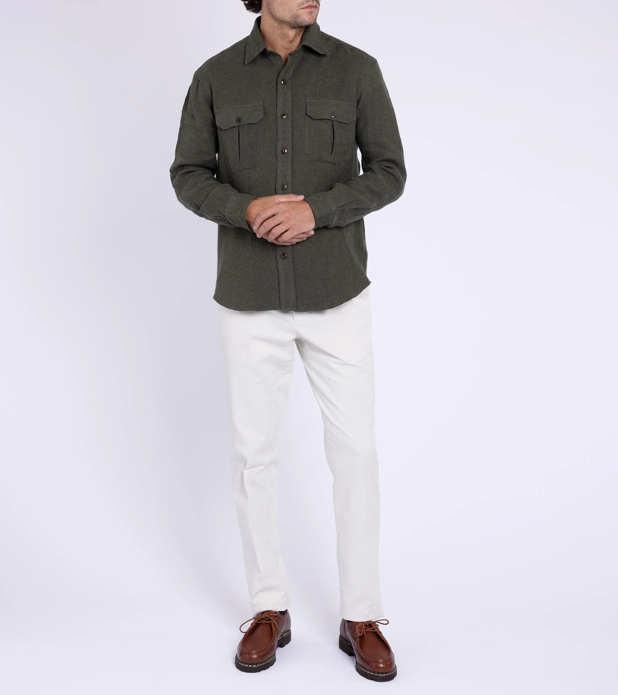 Salvatore Piccolo Wool Linen Military Shirt: Olive