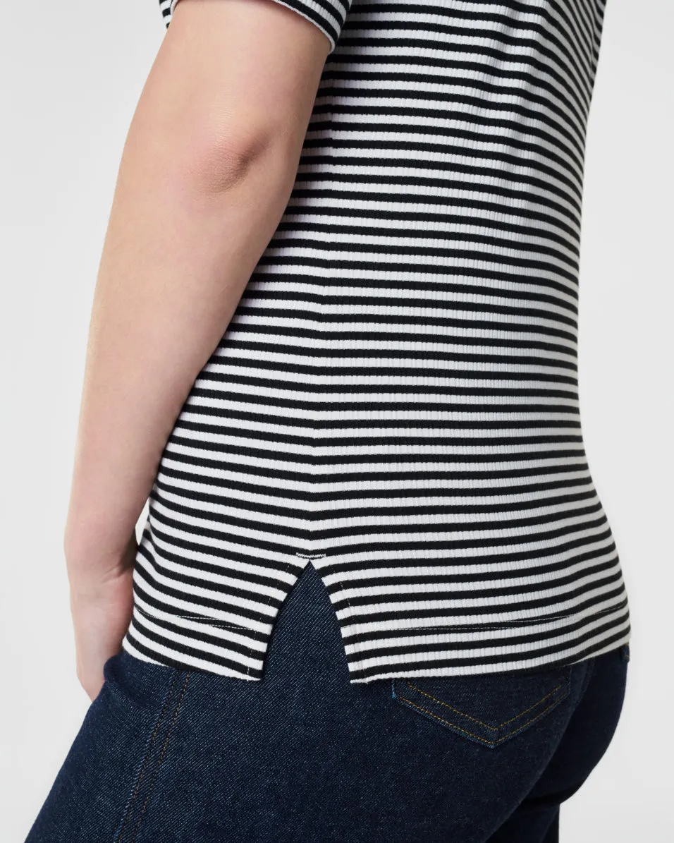 Stretch Rib Striped Polo Top