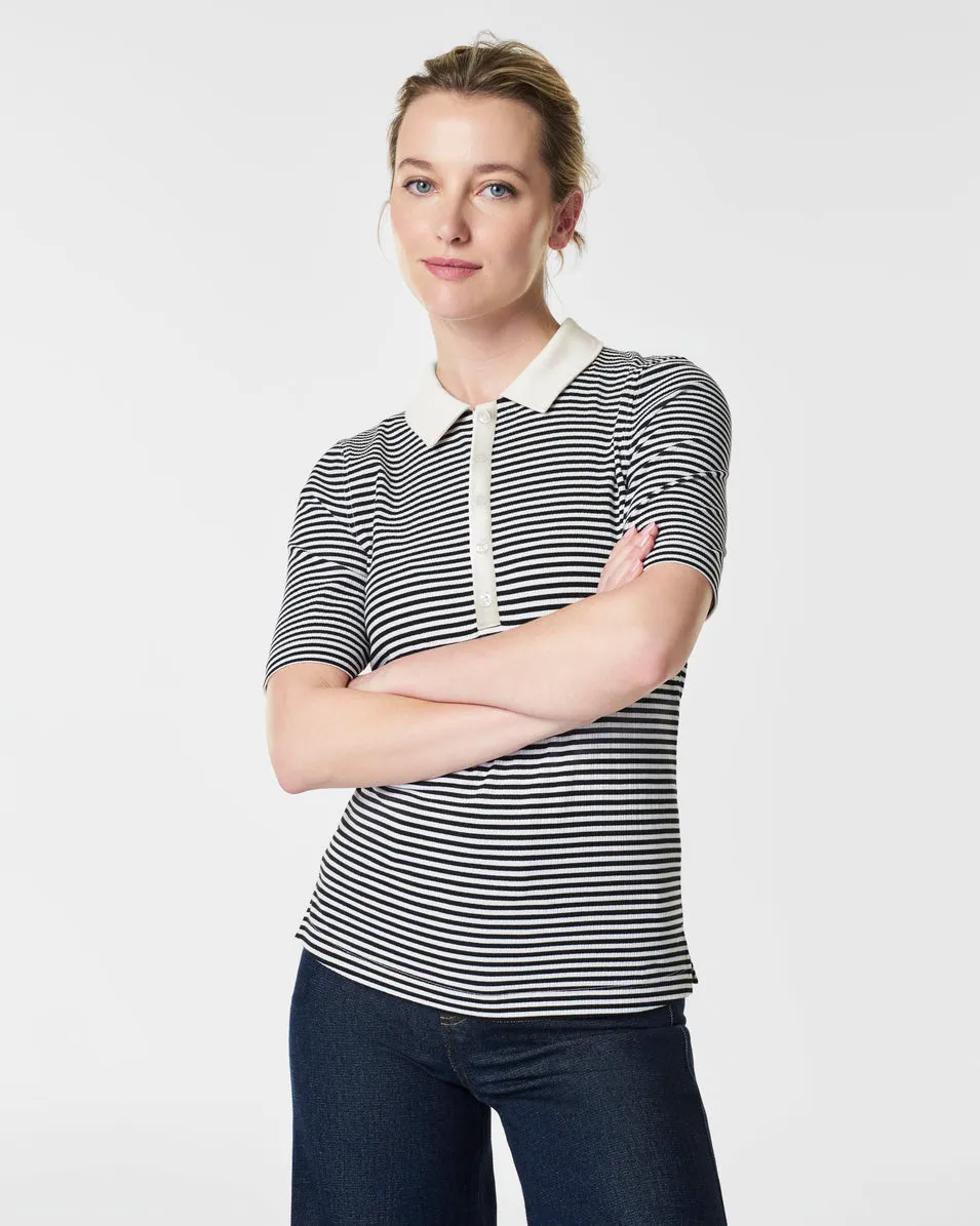 Stretch Rib Striped Polo Top