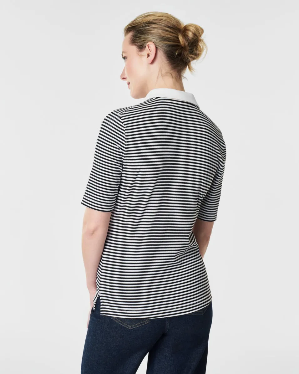 Stretch Rib Striped Polo Top