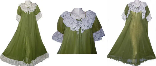 *VINTAGE ROVEL OF CALIFORNIA DOUBLE NYLON LACE PEIGNOIR & NIGHTGOWN SET IN SPANISH MOSS