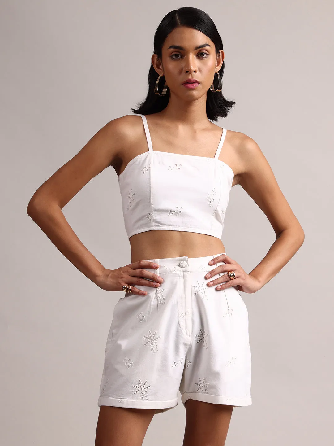 White Cotton Schiffli Regular Co-Ord Set