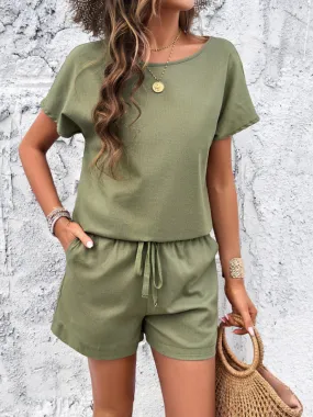 Women's Green Casual Short Sleeve Top And Matching Shorts Set