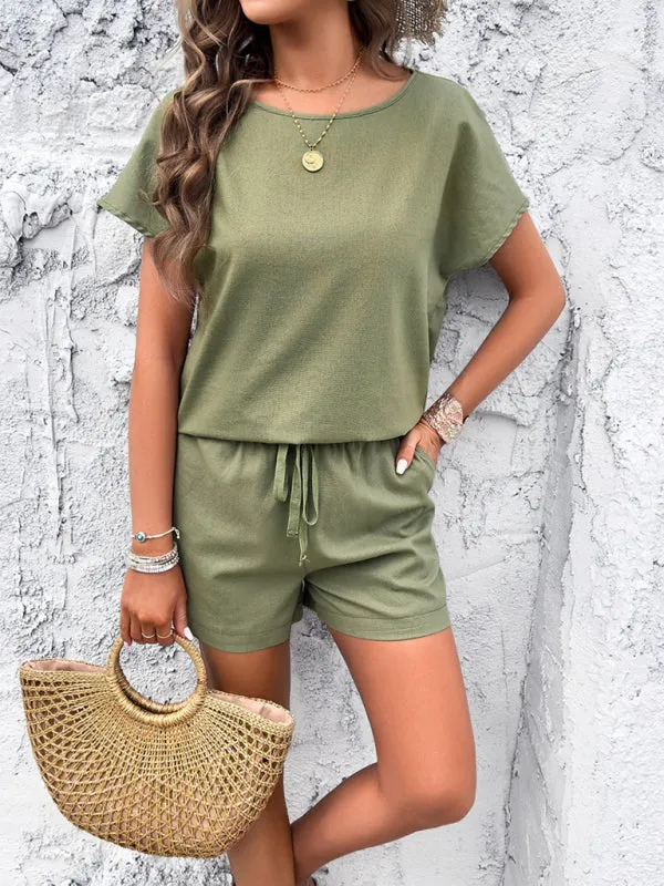 Women's Green Casual Short Sleeve Top And Matching Shorts Set